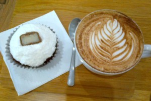 . . . turning out some fabulous cappuccinos and cupcakes (this one of a most delicious “Bounty” variety).